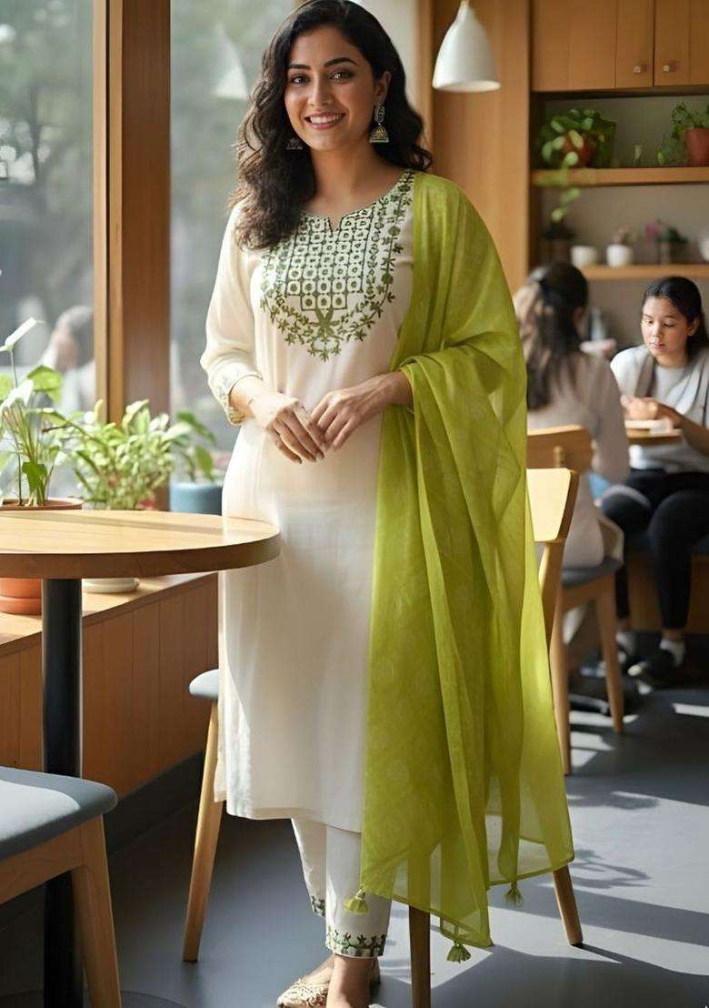 Off White Embroidered Viscose Kurta Set - Indya