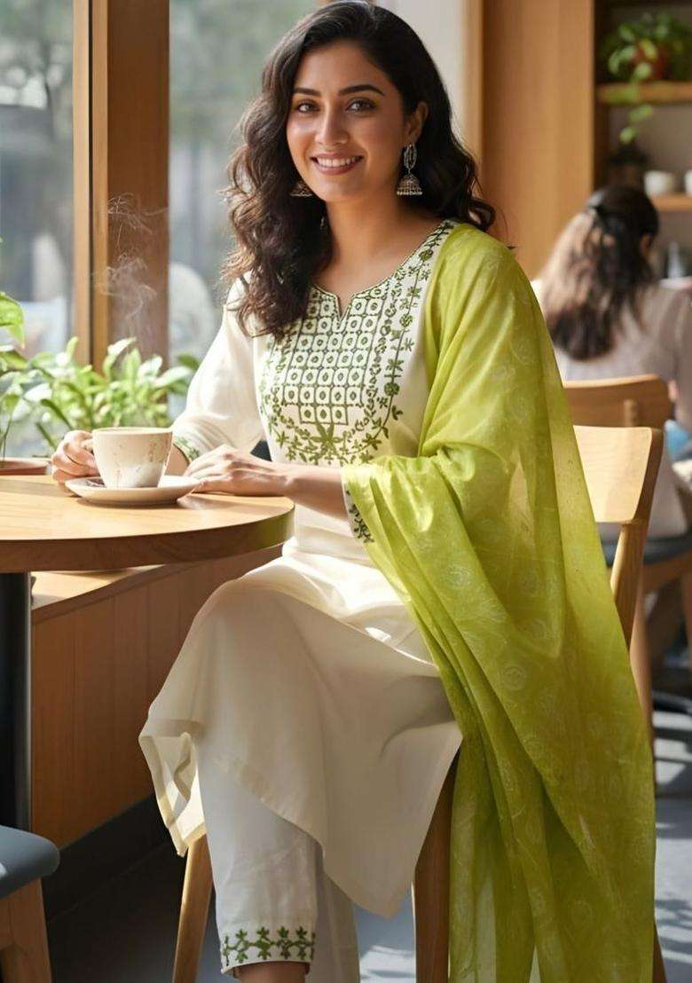 Off White Embroidered Viscose Kurta Set - Indya