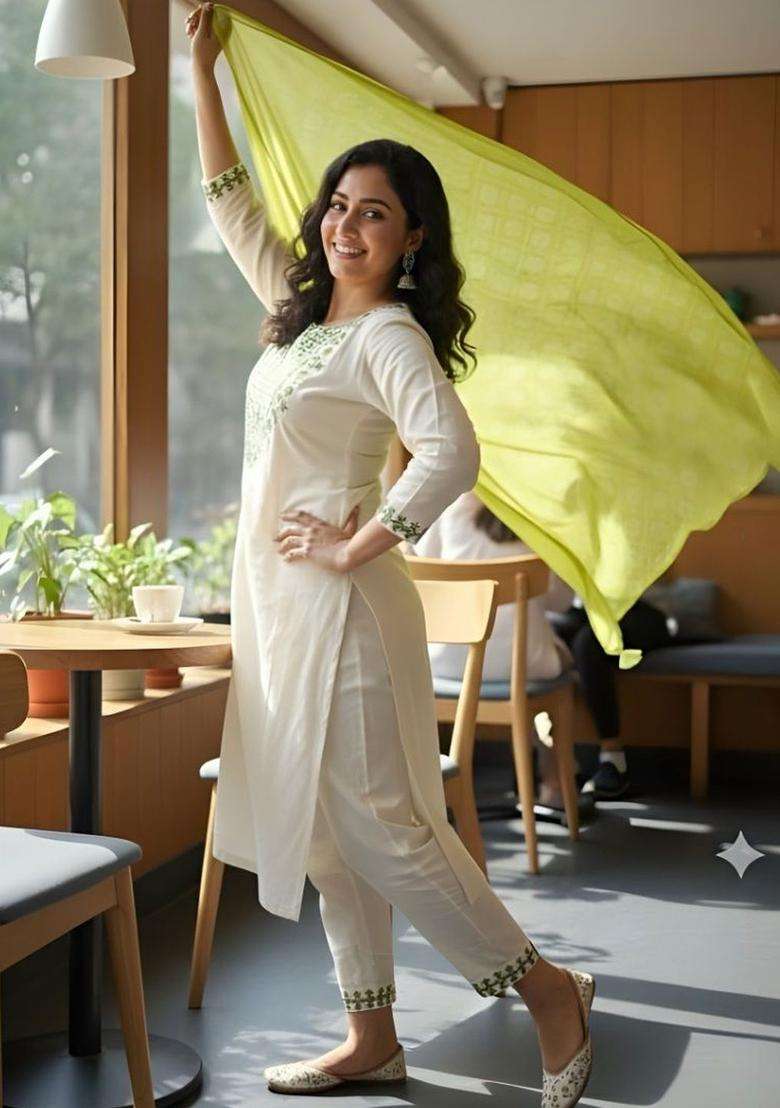 Off White Embroidered Viscose Kurta Set - Indya