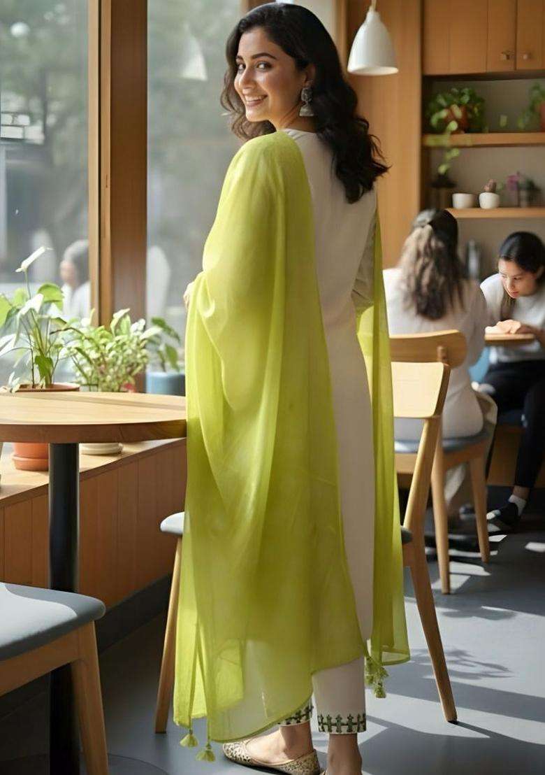 Off White Embroidered Viscose Kurta Set - Indya