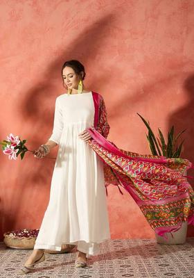 White Solid Viscose Anarkali Set