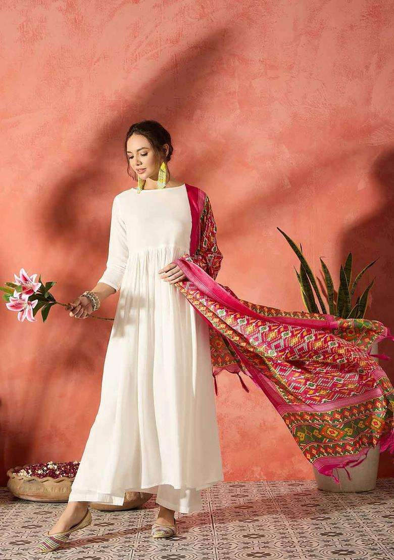 White Solid Viscose Anarkali Set - Indya