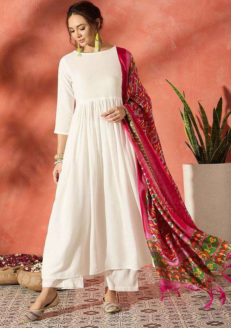 White Solid Viscose Anarkali Set - Indya