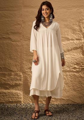 White Solid Viscose Kurta Set