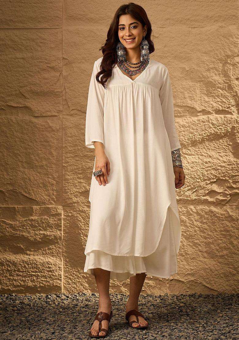 White Solid Viscose Kurta Set - Indya