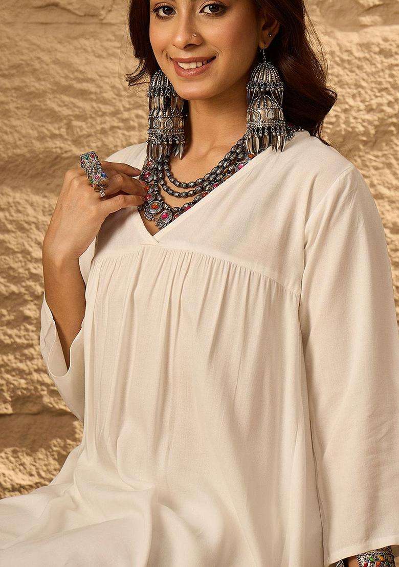 White Solid Viscose Kurta Set - Indya