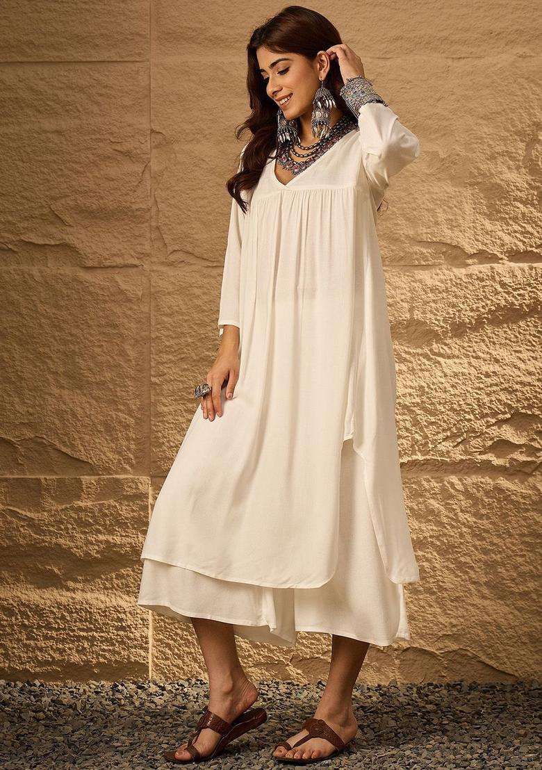 White Solid Viscose Kurta Set - Indya
