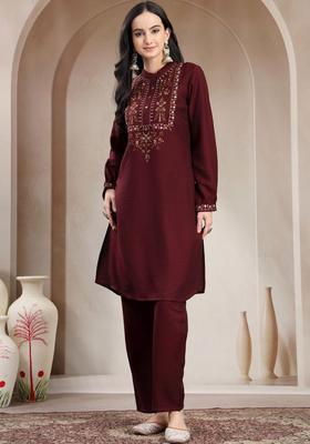 Burgundy Embroidered Silk Blend Kurta Set
