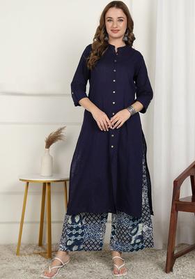 Navy Blue Solid Cotton Kurta Set