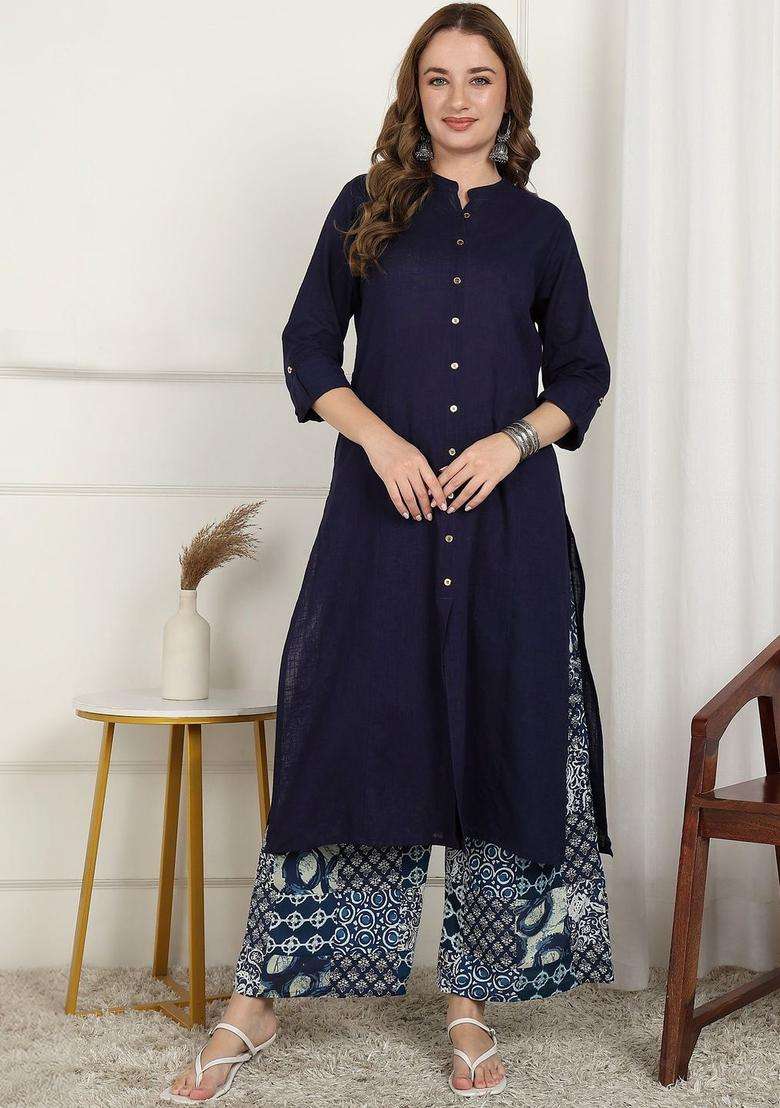 Navy Blue Solid Cotton Kurta Set - Indya