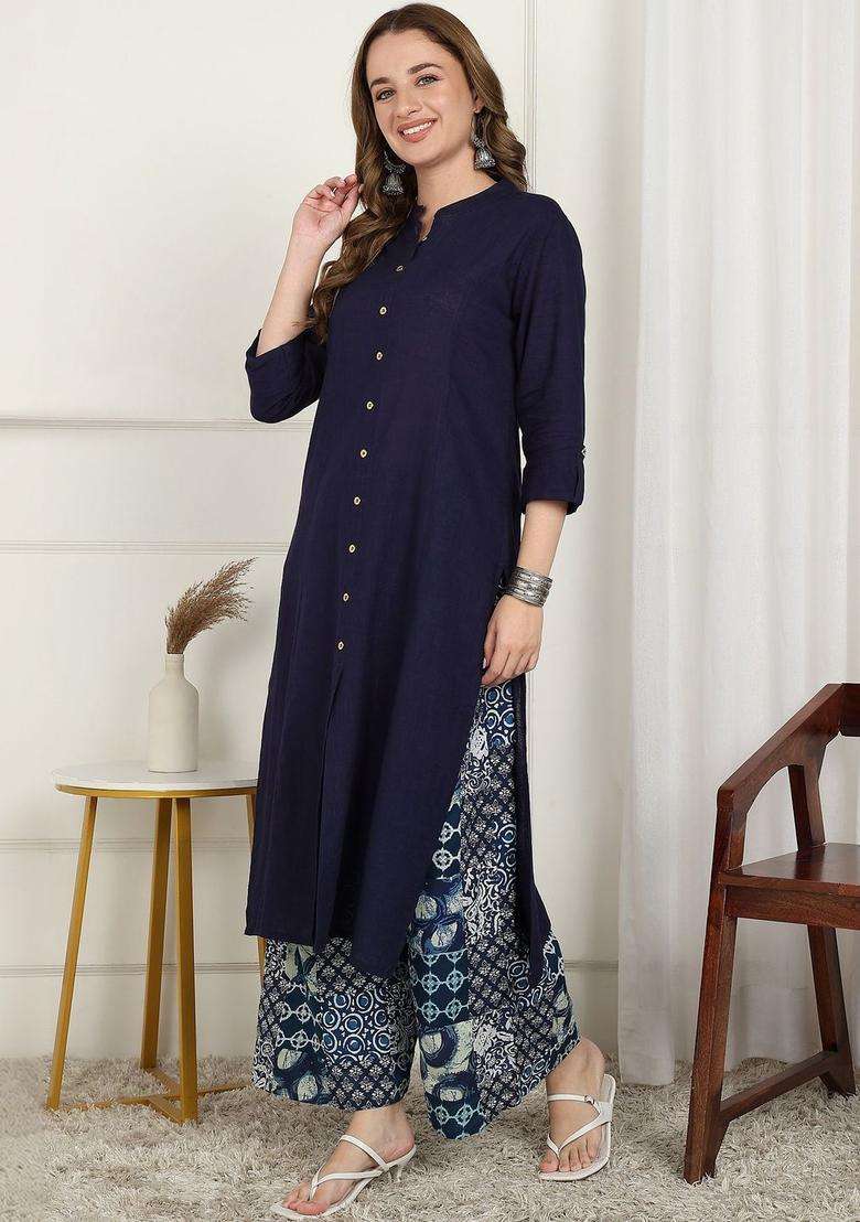 Navy Blue Solid Cotton Kurta Set - Indya