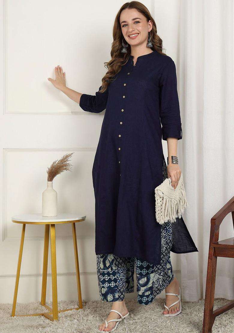Navy Blue Solid Cotton Kurta Set - Indya
