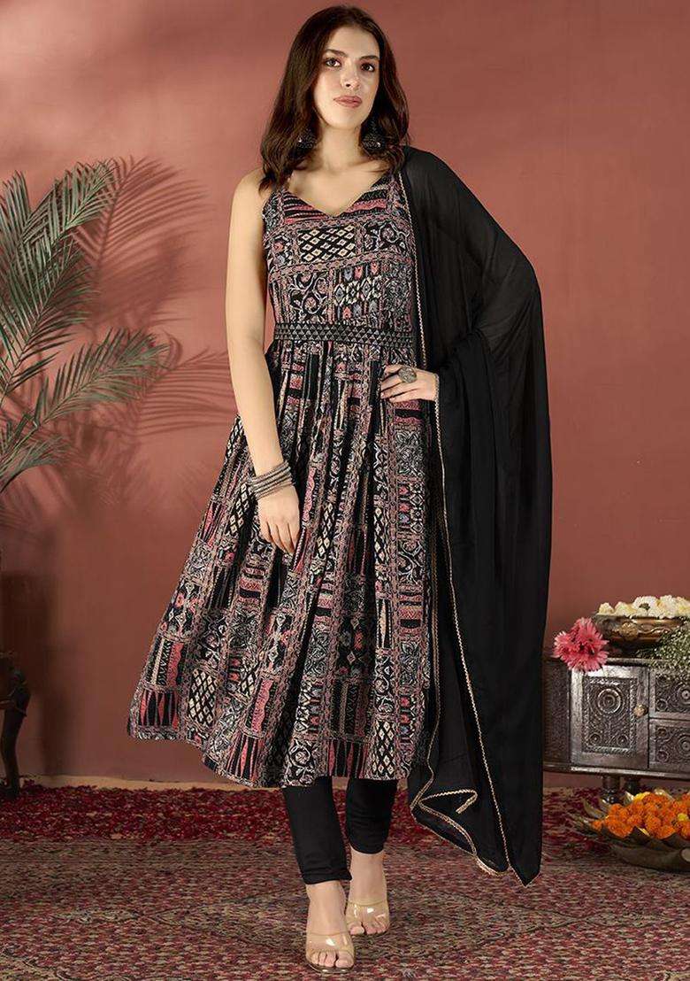 Black Printed Viscose Anarkali Set - Indya