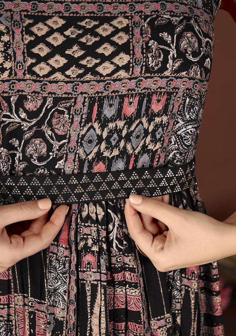 Black Printed Viscose Anarkali Set - Indya