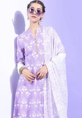 Mauve Printed Cotton Kurta Set