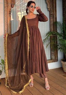 Brown Embroidered Cotton Kurta Set