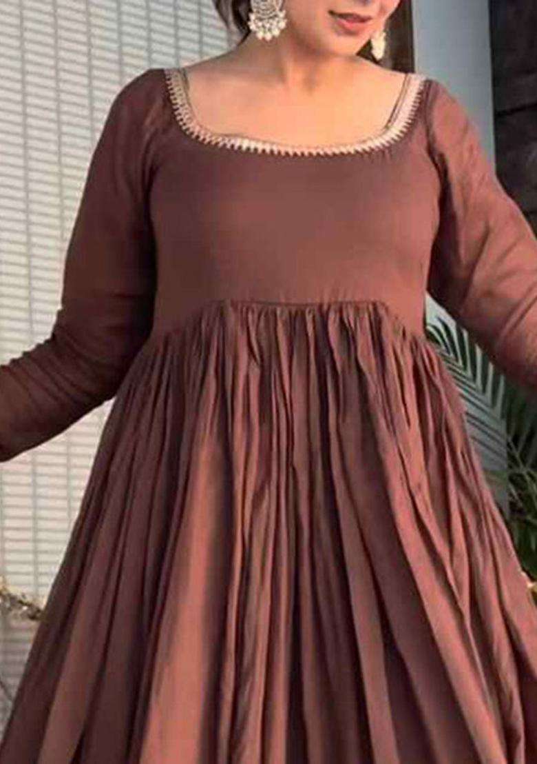 Brown Embroidered Cotton Kurta Set - Indya