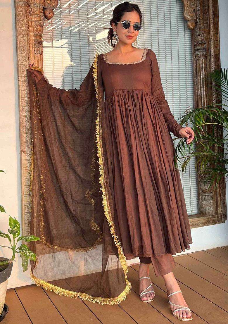 Brown Embroidered Cotton Kurta Set - Indya