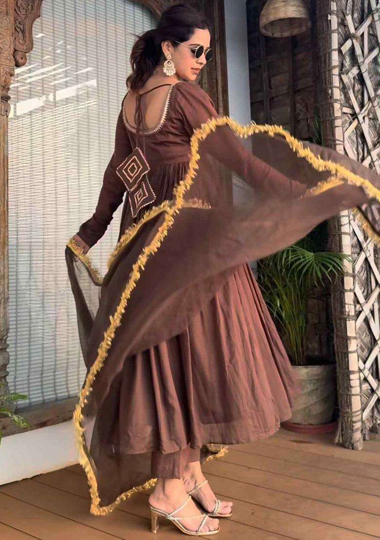 Brown Embroidered Cotton Kurta Set - Indya