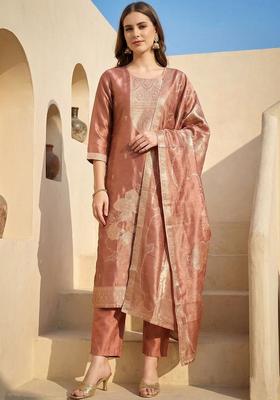 Peach Woven Design Silk Blend Kurta Set