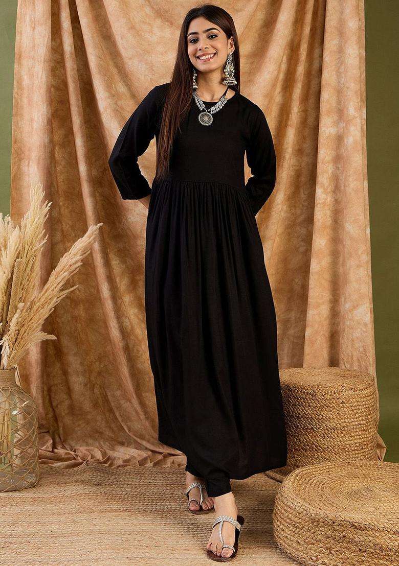 Black Solid Viscose Anarkali Set - Indya