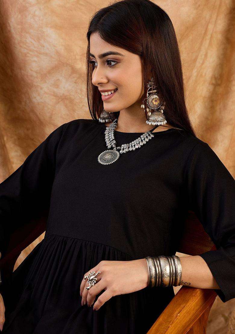 Black Solid Viscose Anarkali Set - Indya