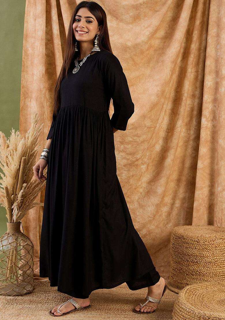 Black Solid Viscose Anarkali Set - Indya