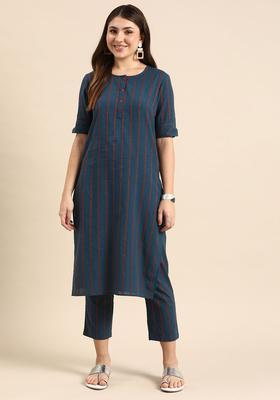 Navy Blue Woven Design Cotton Kurta Set