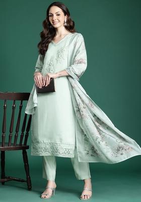 Sea Green Embroidered Silk Blend Kurta Set