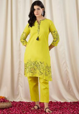 Lime Green Printed Cotton Kurta Set