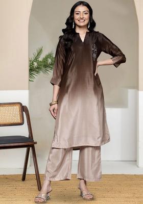 Camel Brown Dyed Silk Blend Kurta Set