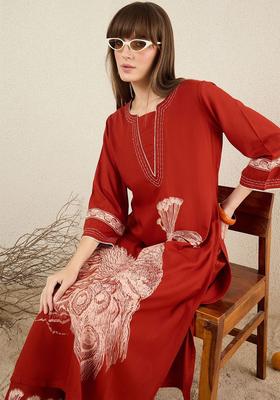 Rust Printed Viscose Kurta Set