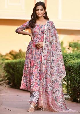 Peach Printed Cotton Anarkali Set