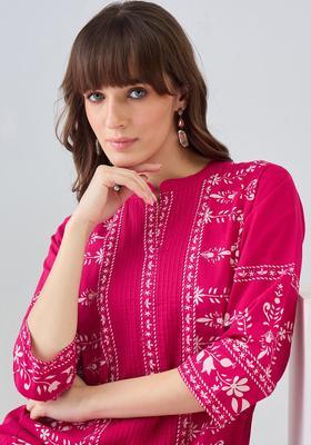 Magenta Embroidered Cotton Kurta Set