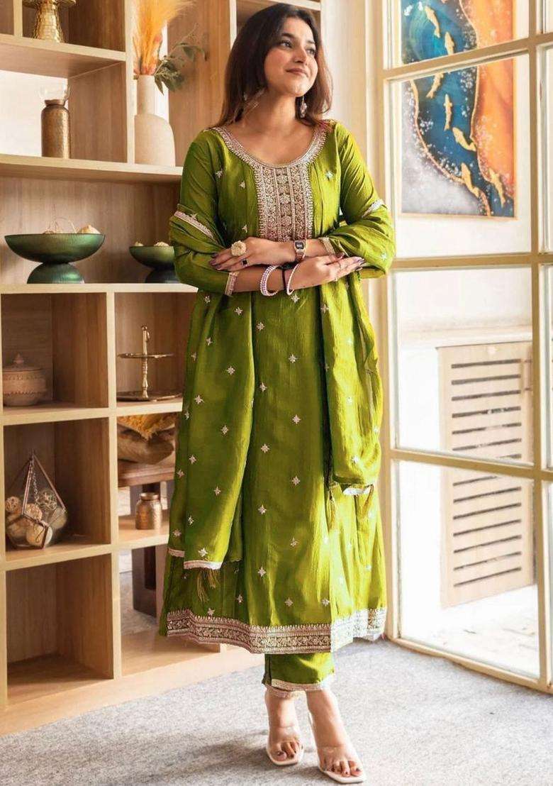 Lime Green Embroidered Silk Blend Kurta Set - Indya