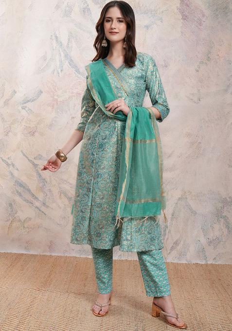 Blue Self Design Polyester Anarkali Set — view on Indya