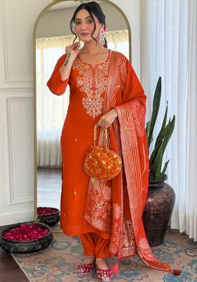Rust Embroidered Silk Blend Kurta Set
