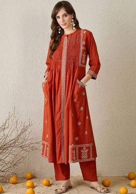 Rust Embroidered Cotton Kurta Set