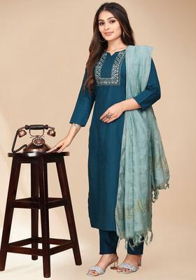 Teal Yoke Design Cotton Kurta Set