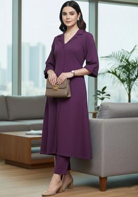 Purple Self Design Silk Blend Kurta Set