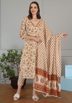 Orange Printed Cotton Kurta Set