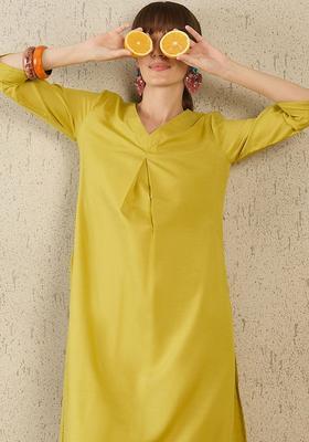 Olive Solid Cotton Kurta Set