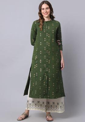 Green Printed Cotton Kurta Set