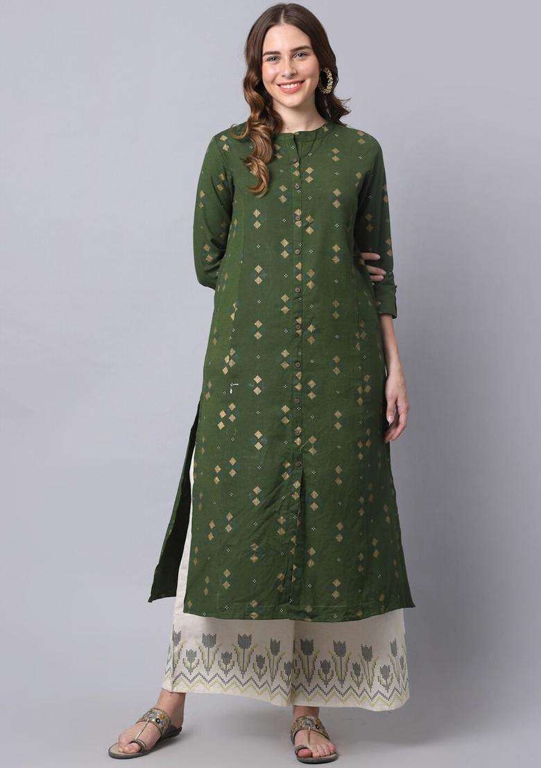 Green Printed Cotton Kurta Set - Indya