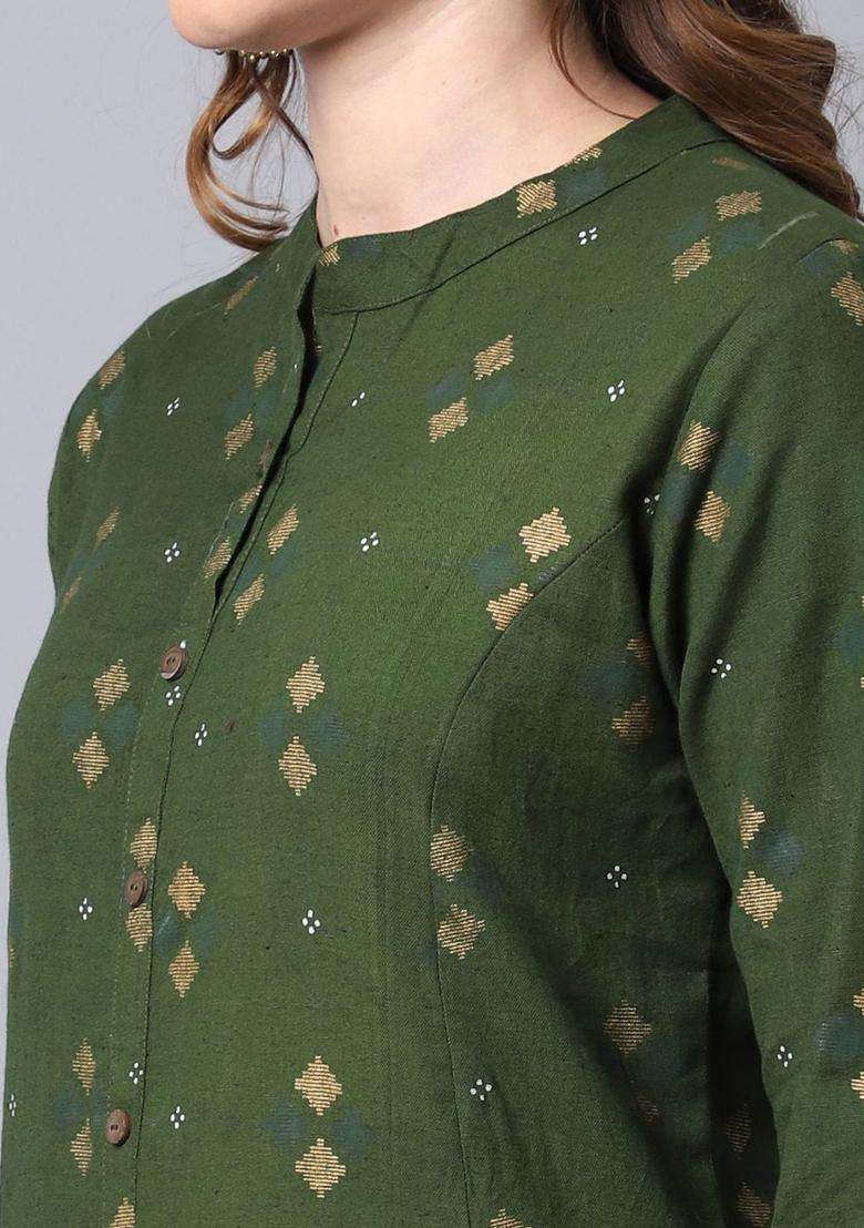 Green Printed Cotton Kurta Set - Indya