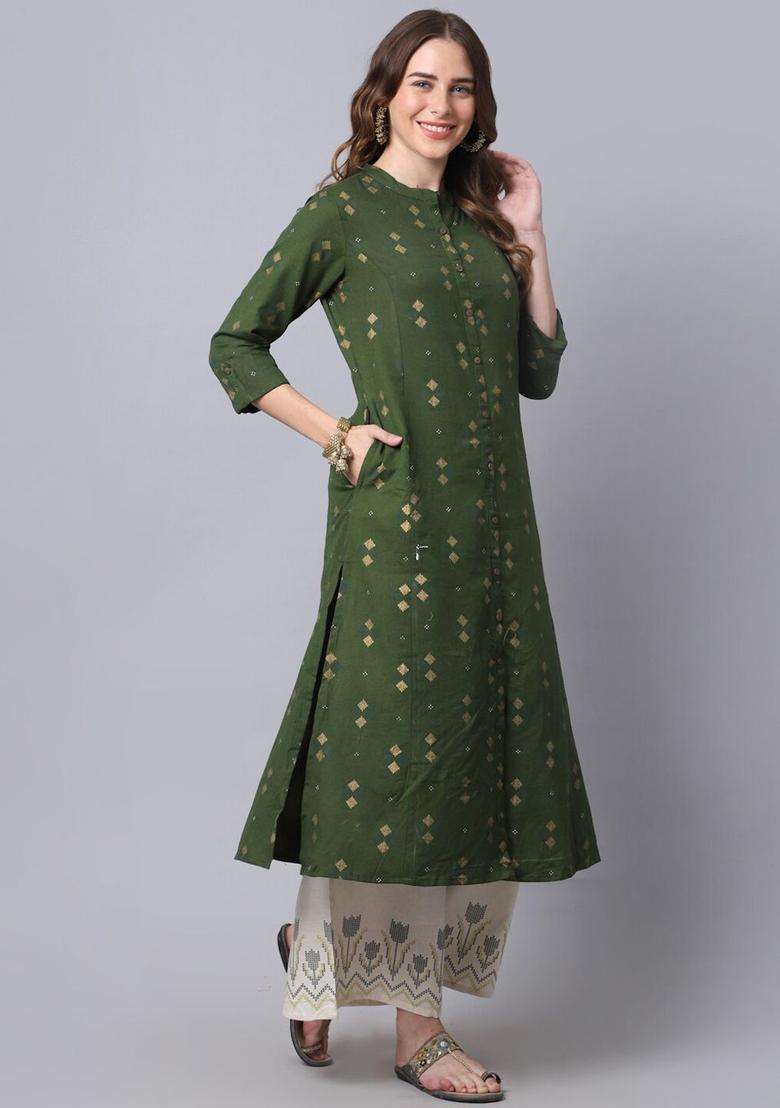Green Printed Cotton Kurta Set - Indya