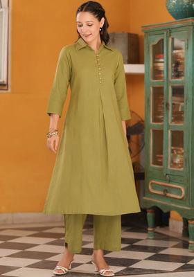 Green Solid Cotton Kurta Set