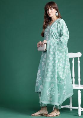 Sea Green Printed Cotton Kurta Set