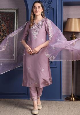 Lavender Embroidered Chinon Kurta Set