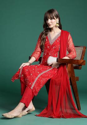 Red Printed Silk Kurta Set